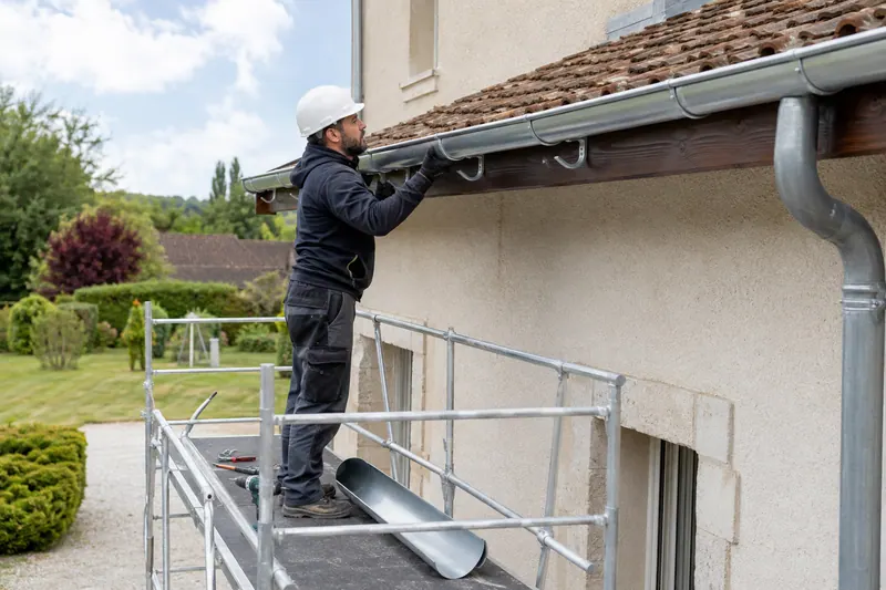 Couvreur remplaçant une gouttière en zinc depuis un échafaudage sécurisé