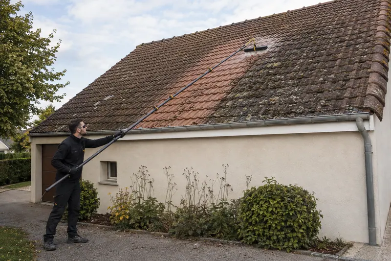 Nettoyage d'une toiture en tuiles depuis le sol à la brosse télescopique