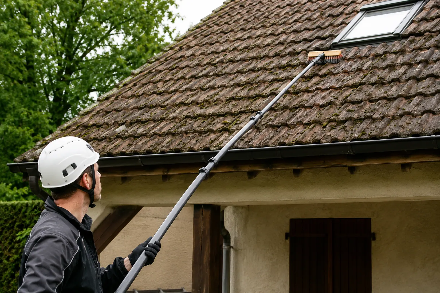 Démoussage d'une toiture à la perche depuis le sol, zone traitée plus claire