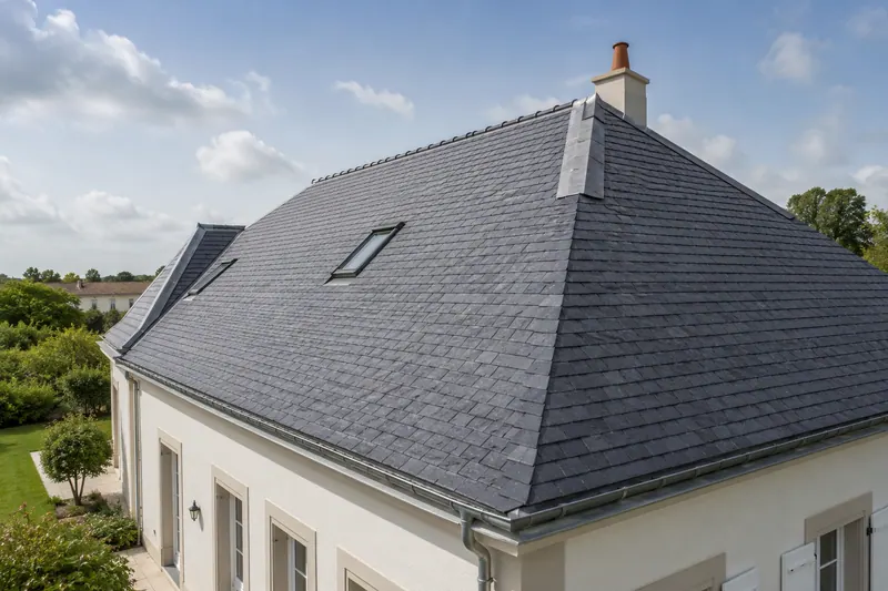 Toiture en ardoise naturelle sur une maison de maître, croupe et lucarne