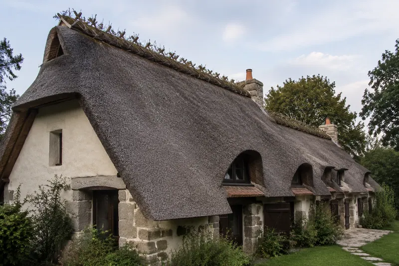 Maison coiffée d'une épaisse toiture en chaume, arêtiers et lucarnes façonnés
