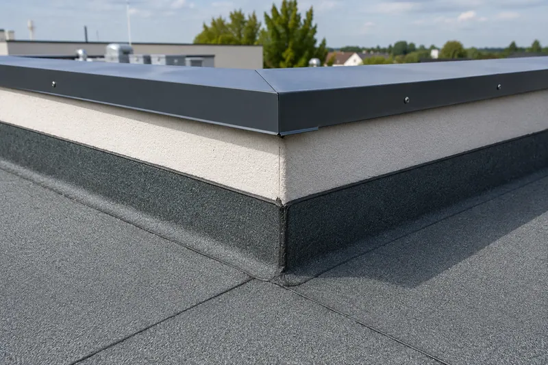 Toiture-terrasse avec relevé d'étanchéité bitumineux et couvertine métallique