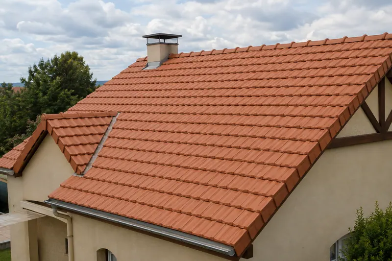 Toiture en tuiles mécaniques à emboîtement, rangs parallèles réguliers